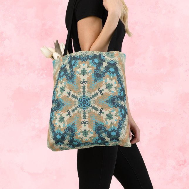 Hex Mandala Blue and Orange Tote Bag (Blue and Orange Hexagon Mandala Tote Bag by Wormhole Orbital)