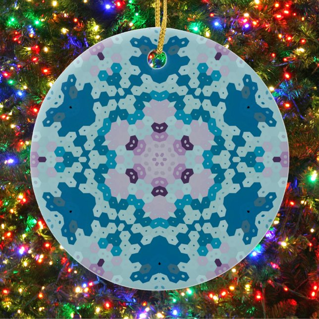 Hex Mandala Blue and Purple Ceramic Ornament (Blue and Purple Hexagon Mandala Christmas Ornament from Wormhole Orbital)
