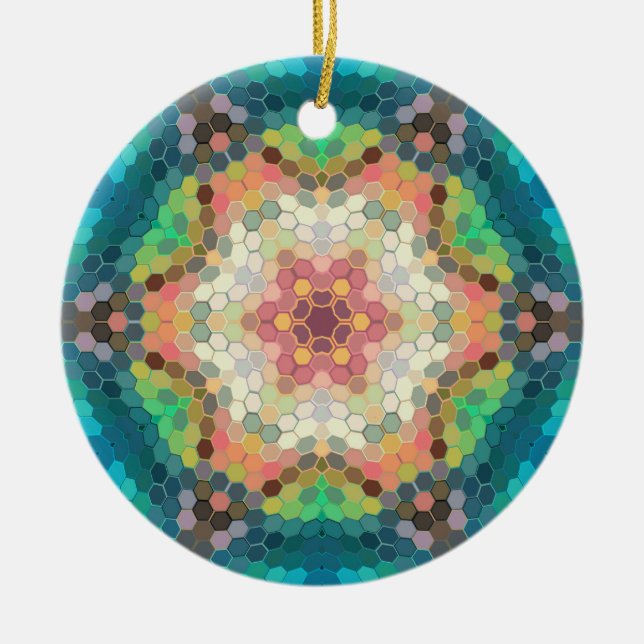 Hex Mandala Blue Green and Pink Ceramic Ornament (Front)