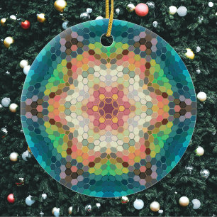 Hex Mandala Blue Green and Pink Ceramic Ornament