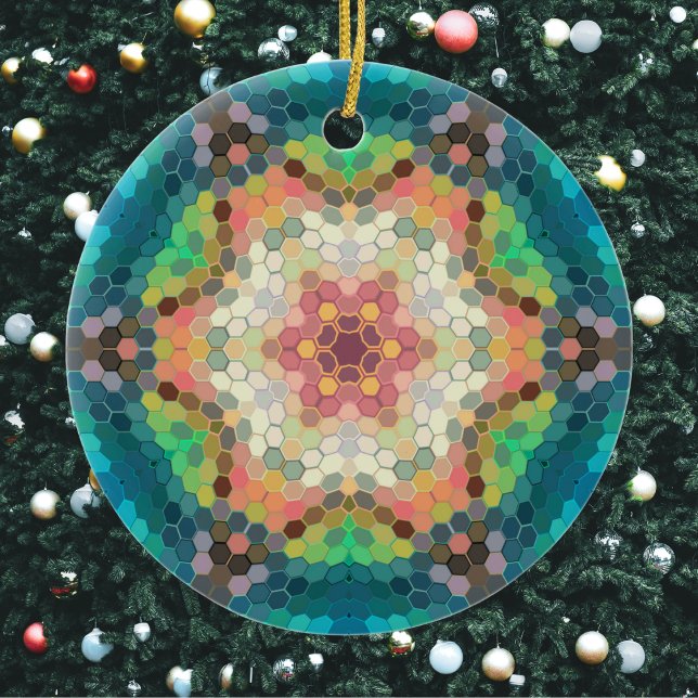 Hex Mandala Blue Green and Pink Ceramic Ornament (Blue Green and Pink Hexagon Mandala Christmas Ornament from Wormhole Orbital)
