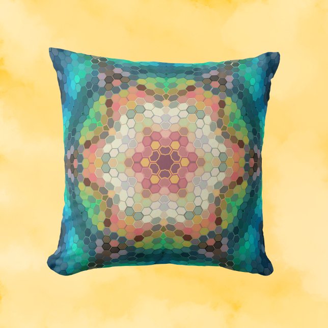 Hex Mandala Blue Green and Pink Throw Pillow (Creator Uploaded)