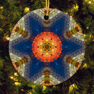 Hex Mandala Blue Orange and Red Ceramic Ornament