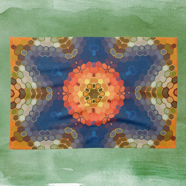 Hex Mandala Blue Orange and Red Kitchen Towel (Blue Orange and Red Hexagon Mandala Kitchen Towel by Wormhole Orbital)