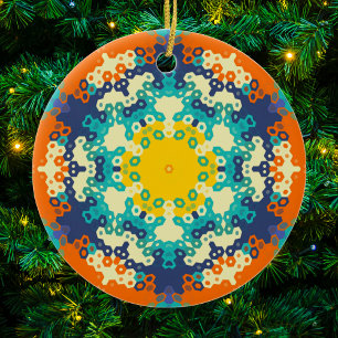 Hex Mandala Blue Orange and Yellow Ceramic Ornament