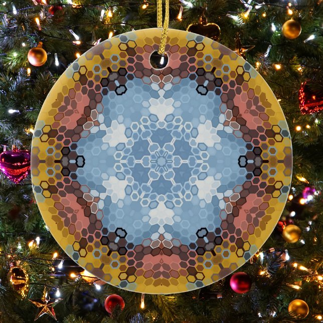 Hex Mandala Blue Yellow and Pink Ceramic Ornament (Blue Yellow and Pink Hexagon Mandala Christmas Ornament from Wormhole Orbital)
