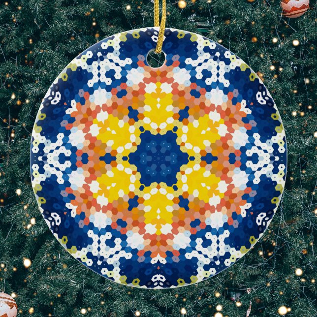 Hex Mandala Blue Yellow Orange and Green Ceramic Ornament (Blue Yellow Orange and White Hexagon Mandala Ornament by Wormhole Orbital)