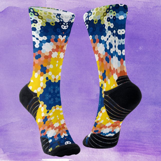 Hex Mandala Blue Yellow Orange and Green Socks (Blue Yellow Orange and Green Hexagon Mandala Socks by Wormhole Orbital)