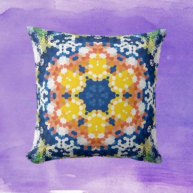 Hex Mandala Blue Yellow Orange and Green Throw Pillow (Blue Yellow Orange and Green Hexagon Mandala Throw Pillow by Wormhole Orbital)