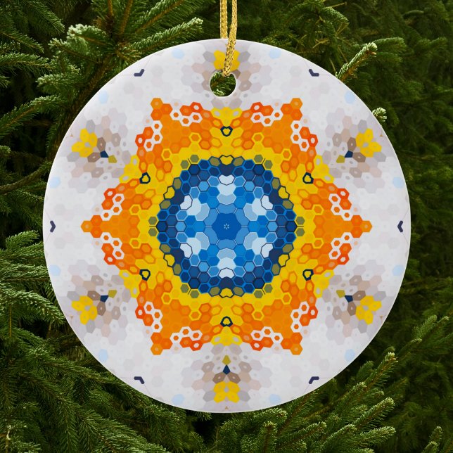 Hex Mandala Blue Yellow Orange and White Ceramic Ornament (Blue Yellow Orange and White Hexagon Mandala Christmas Ornament from Wormhole Orbital)