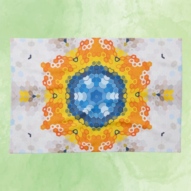 Hex Mandala Blue Yellow Orange and White Kitchen Towel (Creator Uploaded)