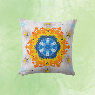 Hex Mandala Blue Yellow Orange and White Throw Pillow