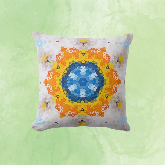 Hex Mandala Blue Yellow Orange and White Throw Pillow (Creator Uploaded)