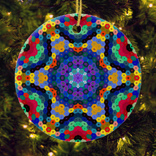 Hex Mandala Blue Yellow Red and Green Ceramic Ornament