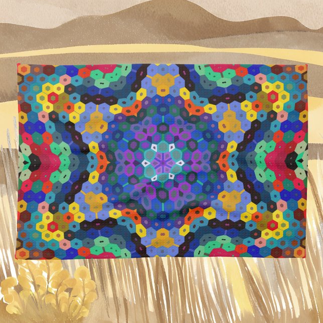 Hex Mandala Blue Yellow Red and Green Kitchen Towel (Creator Uploaded)