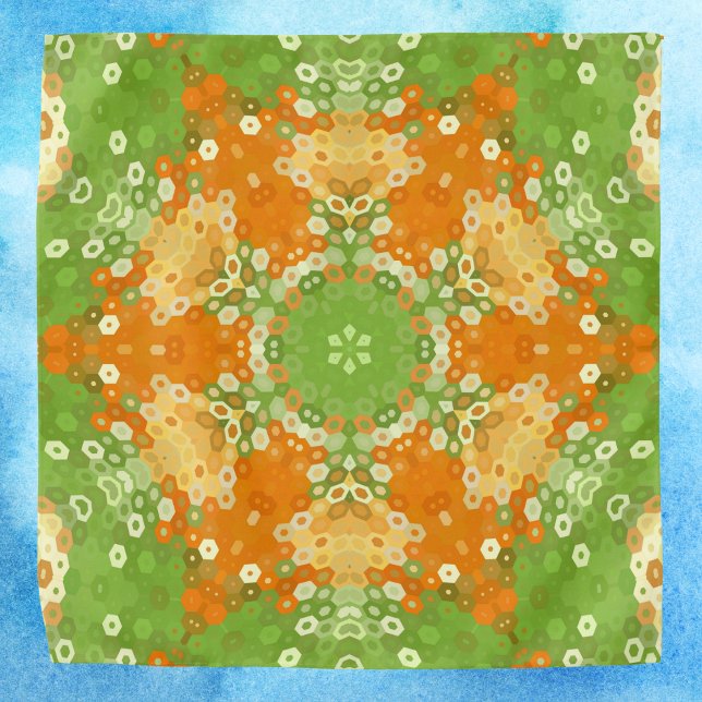 Hex Mandala Green and Orange Bandana (Green and Orange Hexagon Mandala Bandana by Wormhole Orbital)