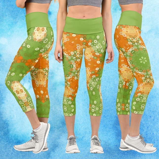 Hex Mandala Green and Orange Capri Leggings (Green and Orange Hexagon Mandala Capri Leggings by Wormhole Orbital)