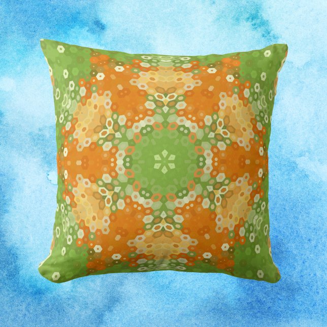 Hex Mandala Green and Orange Throw Pillow (Green and Orange Hexagon Mandala Throw Pillow by Wormhole Orbital)