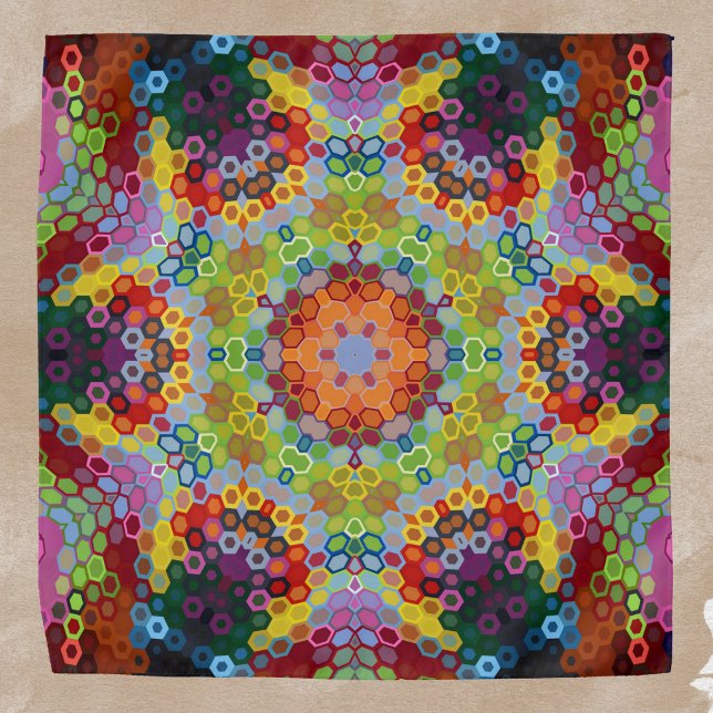 Hex Mandala Green Pink and Orange Bandana (Green Pink and Orange Hexagon Mandala Bandana by Wormhole Orbital)