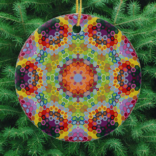 Hex Mandala Green Pink and Orange Ceramic Ornament