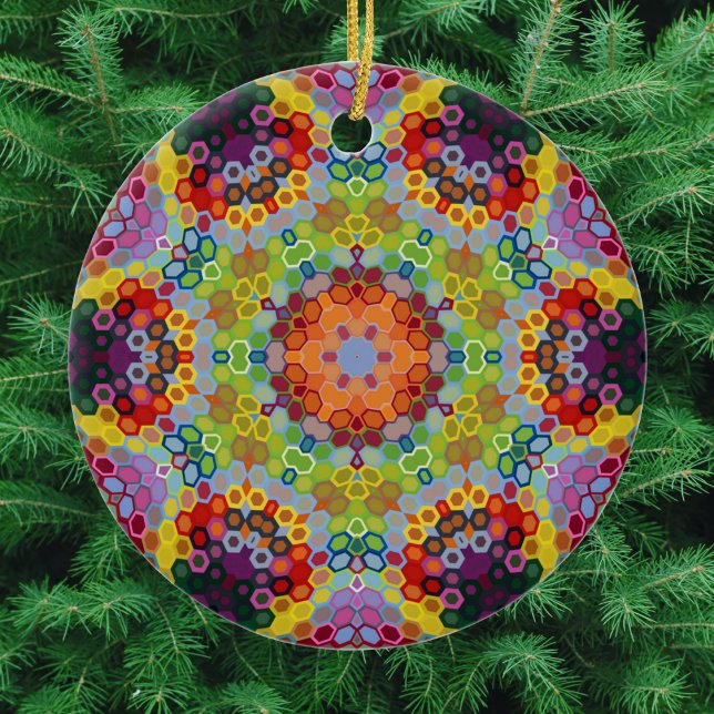 Hex Mandala Green Pink and Orange Ceramic Ornament ( Green Pink and Orange Hexagon Mandala Christmas Ornament from Wormhole Orbital)
