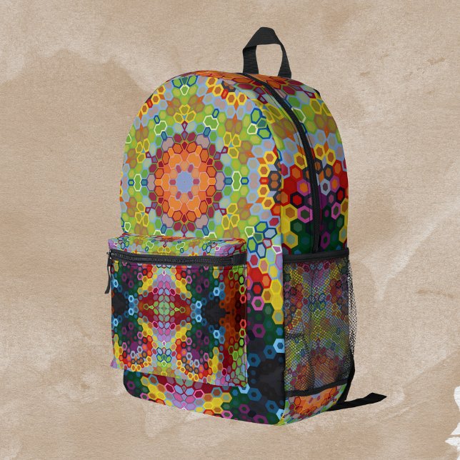 Hex Mandala Green Pink and Orange Printed Backpack (Green Pink and Orange Hexagon Mandala Backpack by Wormhole Orbital)