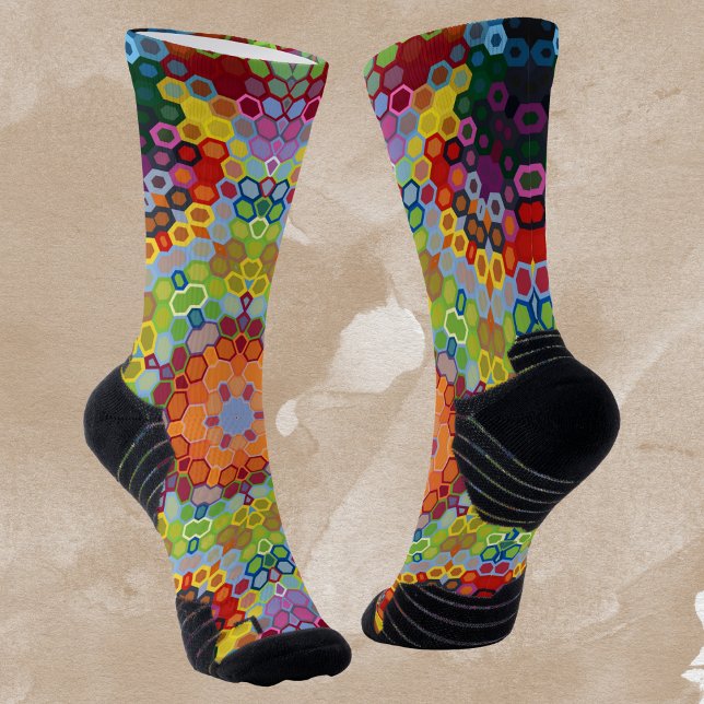 Hex Mandala Green Pink and Orange Socks (Green Pink and Orange Hexagon Mandala Socks by Wormhole Orbital)