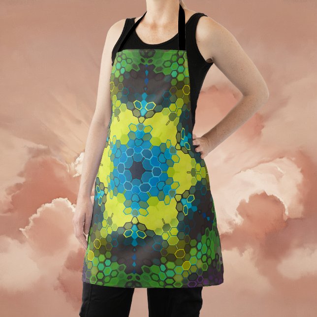 Hex Mandala Green Yellow and Blue Apron (Green and Blue Hexagon Mandala Apron By Wormhole Orbital)