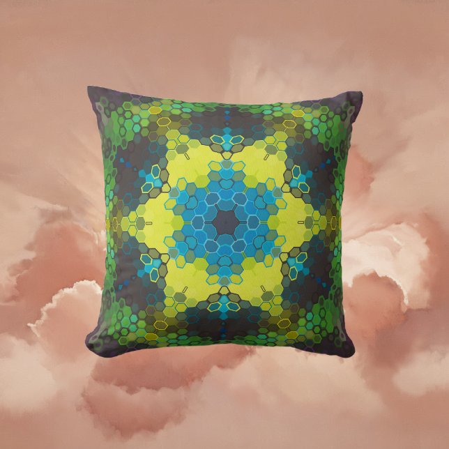 Hex Mandala Green Yellow and Blue Throw Pillow (Green and Blue Hexagon Mandala Throw Pillow By Wormhole Orbital)