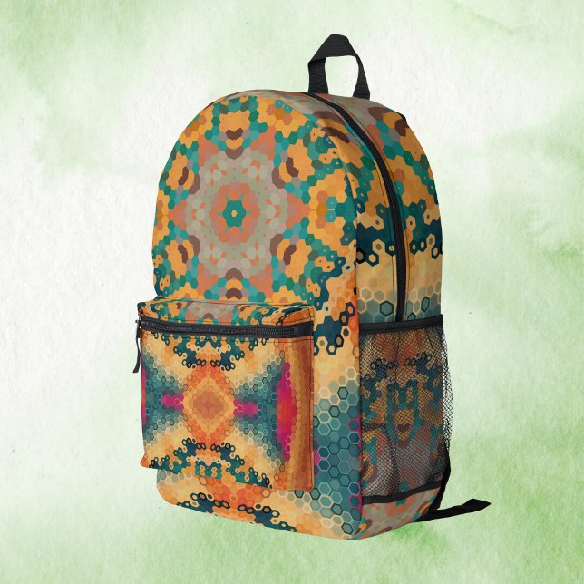 Hex Mandala Orange and Blue Printed Backpack (Orange and Blue Hexagon Mandala Backpack by Wormhole Orbital)