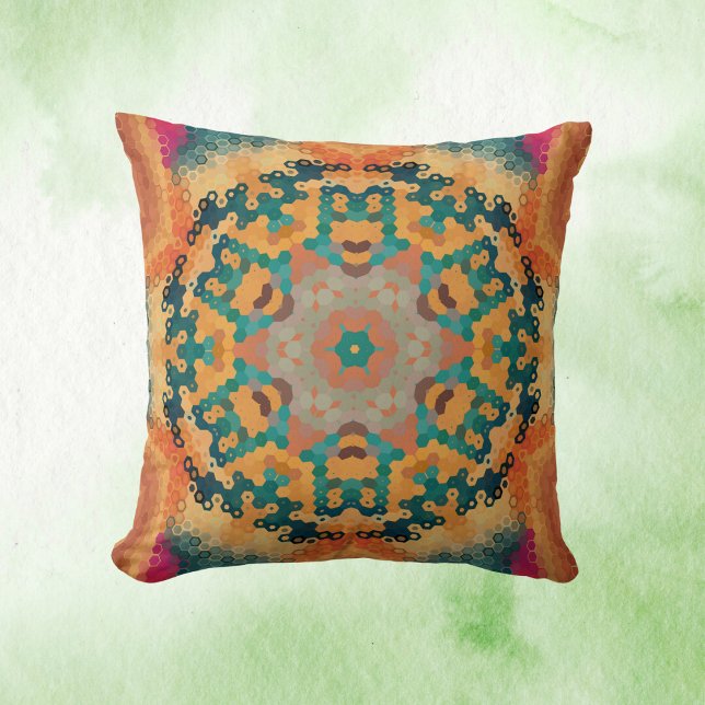 Hex Mandala Orange and Blue Throw Pillow (Orange and Blue Hexagon Mandala Throw Pillow by Wormhole Orbital)