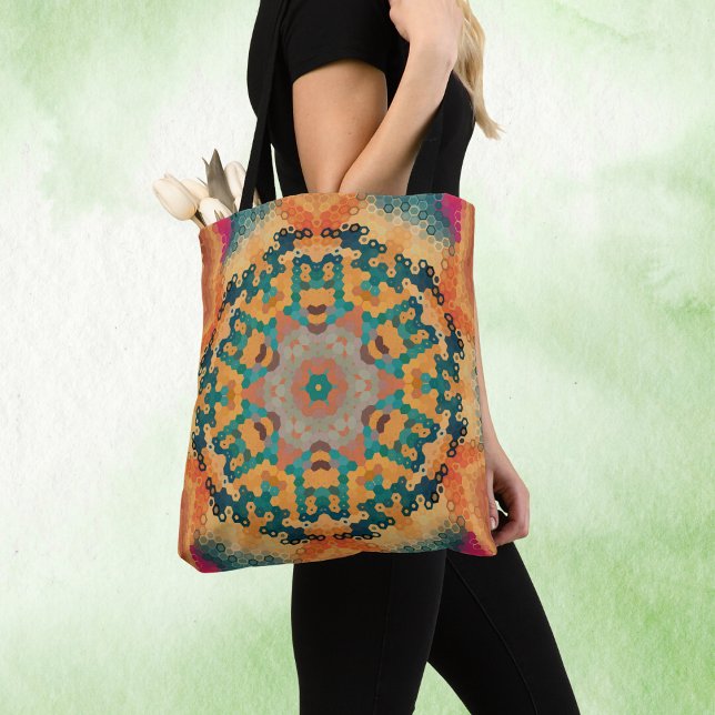 Hex Mandala Orange and Blue Tote Bag (Orange and Blue Hexagon Mandala Tote Bag by Wormhole Orbital)