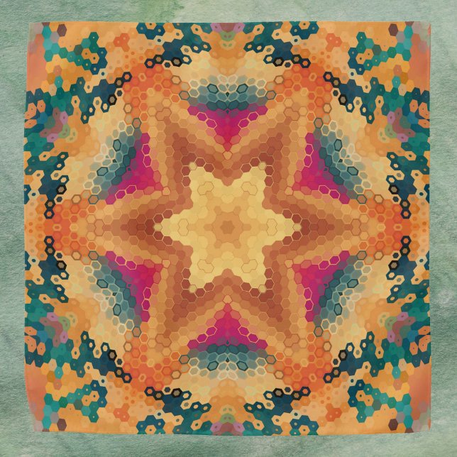 Hex Mandala Orange Blue and Pink Bandana (Orange Blue and Pink Hexagon Mandala Bandana by Wormhole Orbital)