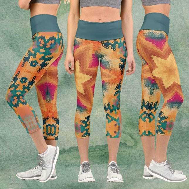 Hex Mandala Orange Blue and Pink Capri Leggings (Orange Blue and Pink Hexagon Mandala Capri Leggings by Wormhole Orbital)