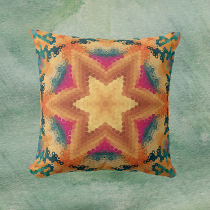 Hex Mandala Orange Blue and Pink Throw Pillow
