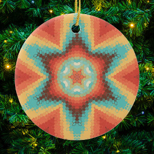 Hex Mandala Orange Blue and Yellow Ceramic Ornament