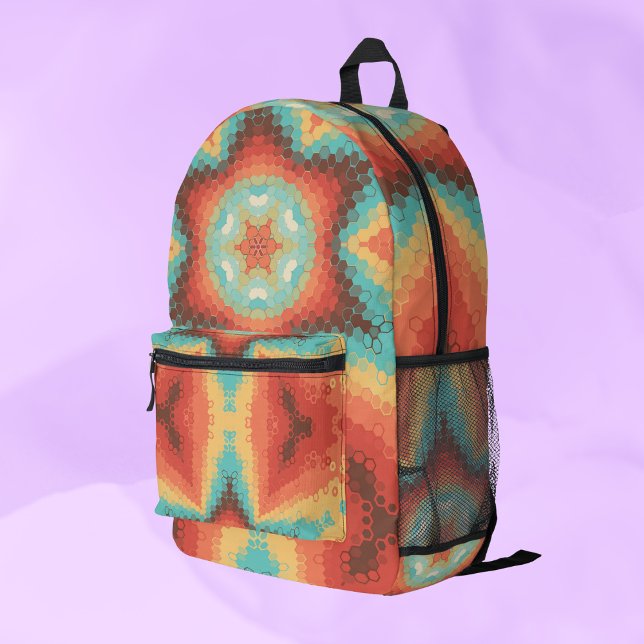 Hex Mandala Orange Blue and Yellow Printed Backpack (Creator Uploaded)