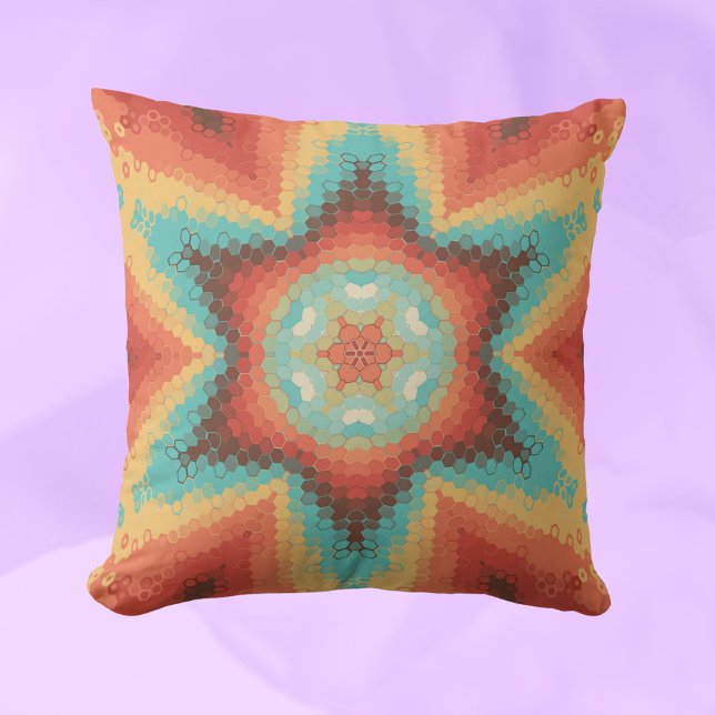 Hex Mandala Orange Blue and Yellow Throw Pillow (Creator Uploaded)