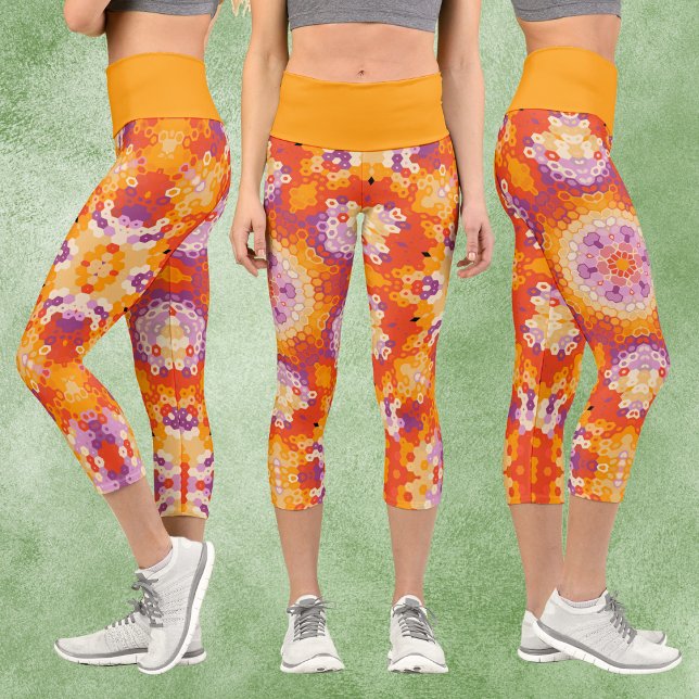 Hex Mandala Orange Purple and White Capri Leggings (Orange Purple and White Hexagon Mandala Capri Leggings by Wormhole Orbital)