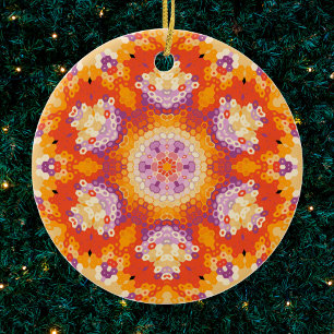 Hex Mandala Orange Purple and White Ceramic Ornament