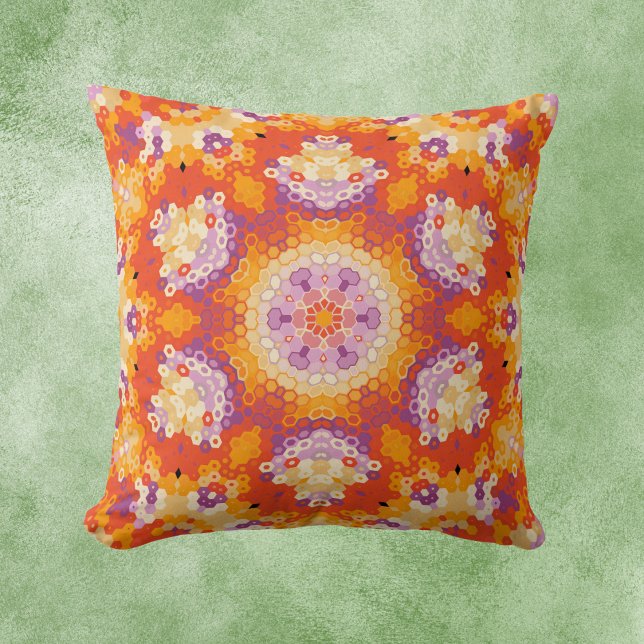 Hex Mandala Orange Purple and White Throw Pillow (Orange Purple and White Hexagon Mandala Throw Pillow by Wormhole Orbital)