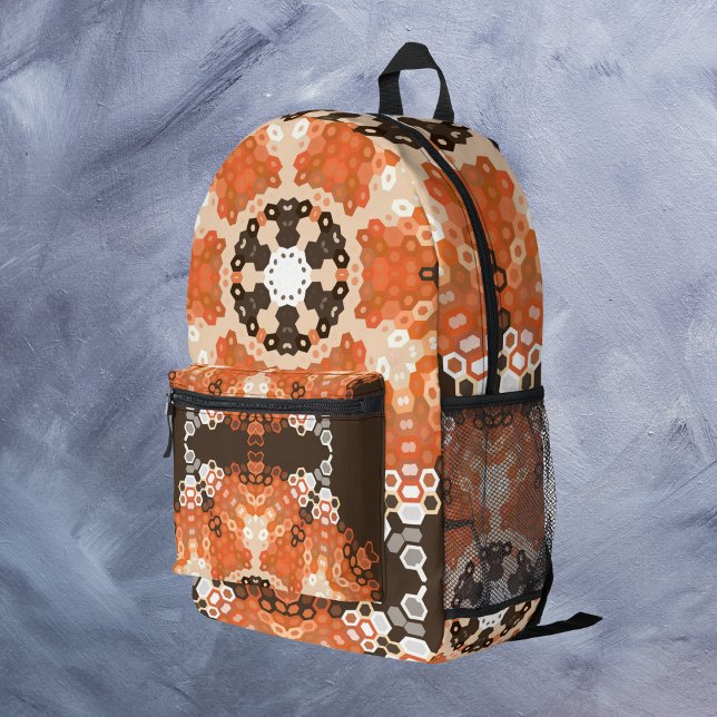 Hex Mandala Orange White and Brown Printed Backpack (Creator Uploaded)