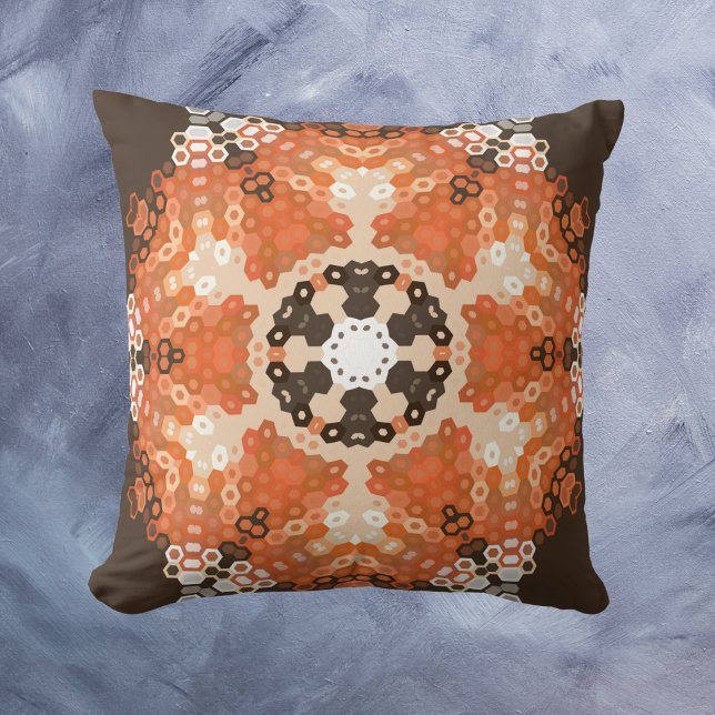 Hex Mandala Orange White and Brown Throw Pillow (Creator Uploaded)