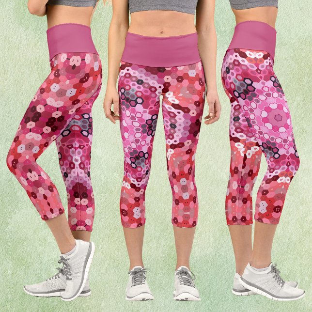 Hex Mandala Pink Red and White Capri Leggings (Creator Uploaded)