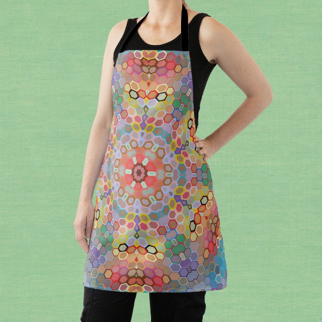 Hex Mandala Rainbow Apron (Rainbow Hexagon Mandala Apron by Wormhole Orbital)