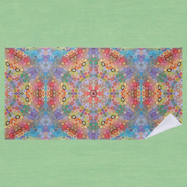 Hex Mandala Rainbow Beach Towel (Rainbow Hexagon Mandala Beach Towel by Wormhole Orbital)