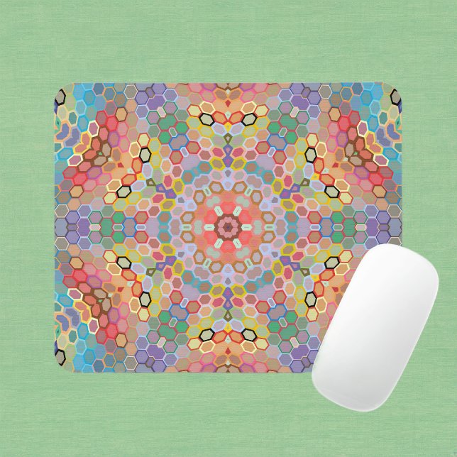 Hex Mandala Rainbow Mouse Pad (Rainbow Hexagon Mandala Mouse Pad by Wormhole Orbital)