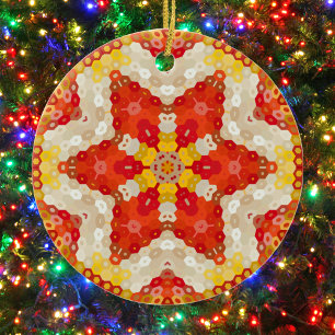 Hex Mandala Red and Yellow Ceramic Ornament