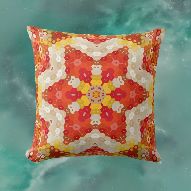 Hex Mandala Red and Yellow Throw Pillow (Creator Uploaded)