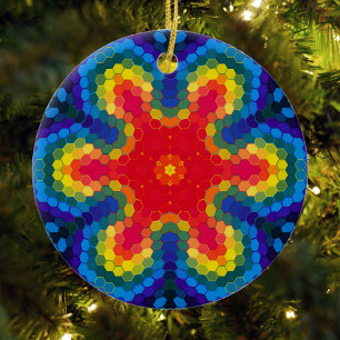 Hex Mandala Red Yellow and Blue Ceramic Ornament